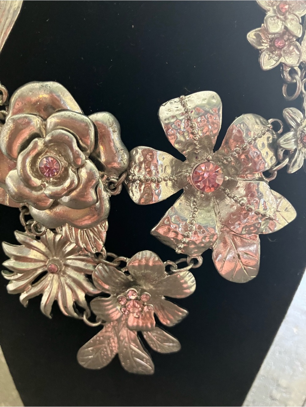 Floral Statement Necklace with Pink Crystal Accents